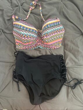 Victoria's Secret Multicolor Patterned Bandeau Top with Black High-Waist Bottoms